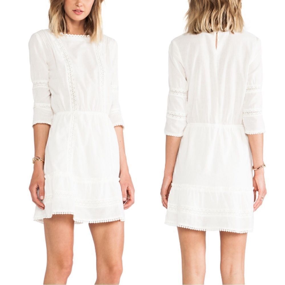 Anine Bing Ivory White Cotton Lace Peasant Bohemian 3/4 Sleeve Dress Sz M